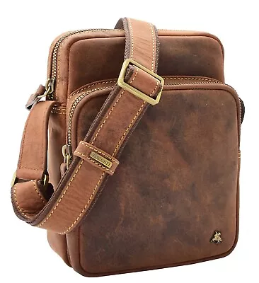 Mens Tan Hunter Leather Crossbody Bag Casual Messenger Multi Pockets Flight Bag • £59.99