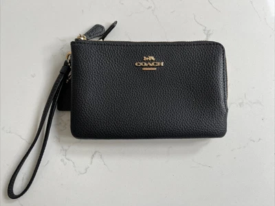 £35 • Buy Coach Double Zip Purse Wristlet Wallet Black Leather Brass Hardware