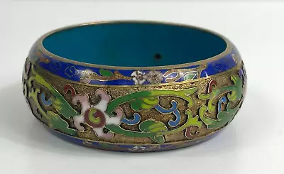 Vintage Cloisonne Wide Bangle Bracelet Gold Green Blue Floral • $39.99