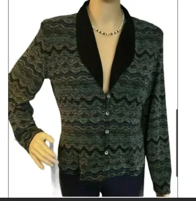 Women Black Green Metallic Shirt Blouse 6M  Button-Up Long-Sleeve Glitter • $19