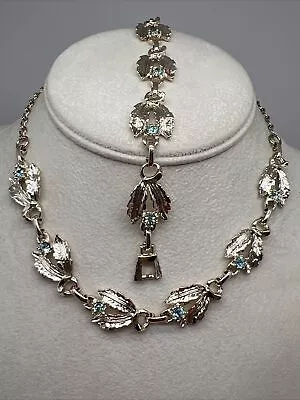 Vintage Silver Tone Blue Rhinestones 13”-18” Necklace & 7” Bracelet Set 6957 • $26.99