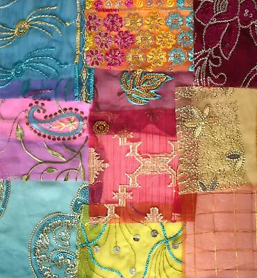 Mixed Assorted Embellished Sari Fabric Remnants Scraps - 10 Pieces • £3.95