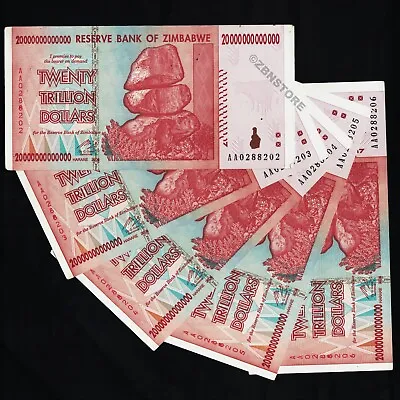 5 X 20 Trillion Dollars Zimbabwe AA 2008 Verified 100 % Authentic W/ COA 5PCS • $239.99