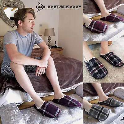 Dunlop - Mens Warm Plush Fleece Lined Slip On Mule Checked Plaid House Slippers • £14.99