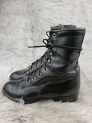 WRANGLER Black Leather Riding Boots Womens Size 4 Ranch Farm Kiltie Lace Up • $31.99