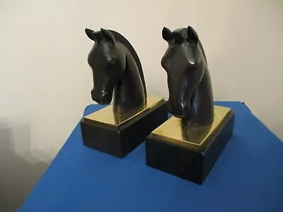 Vintage Heavy Hand Carved Black Stone Marble & Brass Horse Head Bookends • $108