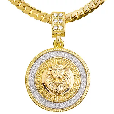 Men's Iced Gold Tone Lion Medallion Pendant 20  / 24  Chain Necklace MCP 2048 G • $12.99