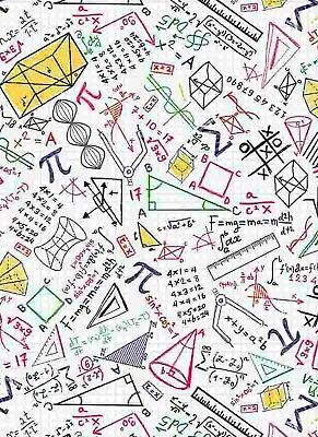 Colorful Math Doodles Fabric-Cotton 1yd X 44 •BTY•White/Multi•Same Day Ship! • $12.99