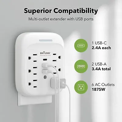 BN-LINK 6 Outlet Extender Multi Plug Outlet With 3 USB Charger Wall Adapter Tap • $14.99