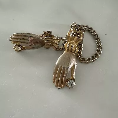 Vintage Sweater Clips Two Hands W/ Rhinestones On Chain 1940s • $9