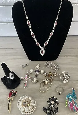 Sarah Coventry Cross Rhinestone Vintage Mixed Jewelry Brooches Necklace Rings • $34.90