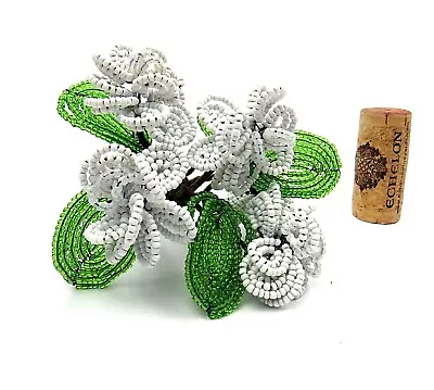 Vintage Glass White Seed Bead Flower Stems Wrist Bouquet White W/ Green Leaves • $29.95