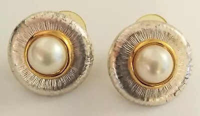 Vintage Silver Tone With Faux Pearl Gold Accents Pierced Earrings • $7.99