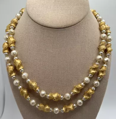 Vintage Trifari Faux Pearl Textured Gold Tone Bead Double Strand Necklace • $59.99
