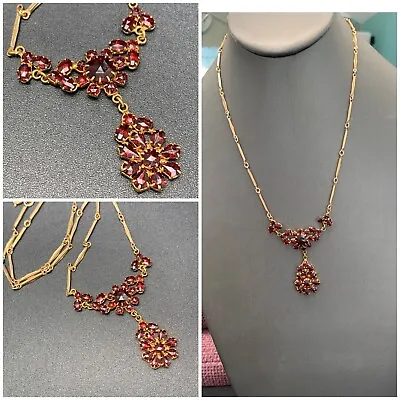 Antique Rose Cut Garnet Cluster Pendant GF Bar Chain Necklace 18” • $269