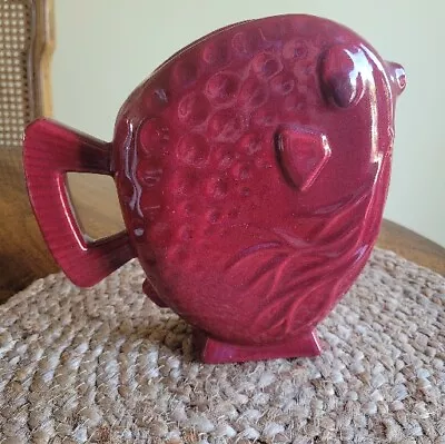 Vintage Red Burgundy Glaze Pottery Fish Shaped Pitcher Jug 7.5  #1198 / Read • $34.39