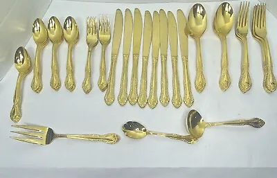 GOLD TONE STAINLESS STEEL JAPAN FANCY FLATWARE SET SERVICE FOR 8 Read Desc • $75