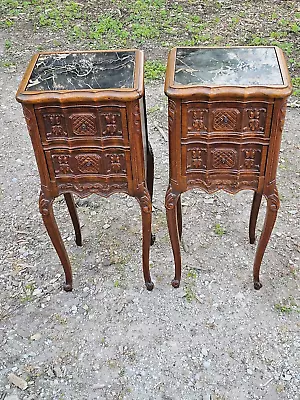 Antique French Walnut Carved Nightstand End Table Pair With Marble Stone Insert • $1299.99