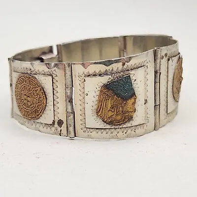 Vtg Aztec Mayan Panel Link Bracelet DF MEXICO Copper / Brass Silver Tone Read • $74.99