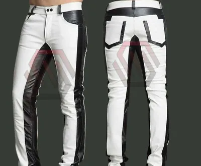 Mens White & Black Leather Pants Slim Fit Leather Trousers • $129.99