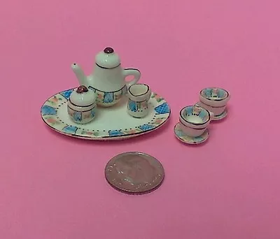 Dollhouse Miniatures Ceramic10 Piece Pale Blue -pink Floral Tea Set W/gold Trim  • $9.95