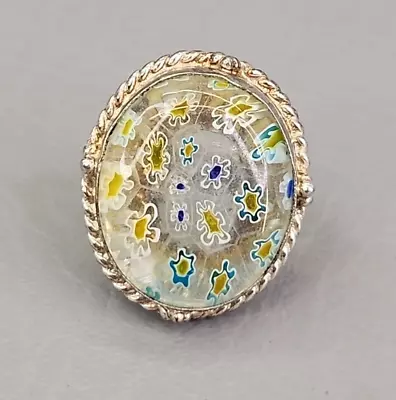 Millefiori Glass Ring Clear Stone Sterling Silver 925 Twist Chunky Bezel Sz 8 • $39.99