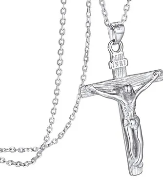  Solid Silver INRI Crucifix Necklace 925 Sterling Silver With Chain-Adjustable • £9.99
