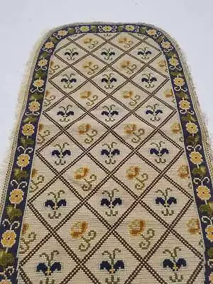 Vintage French Needle Point Handmade Floral Beige Wool Rug Carpet 123x61cm • £150