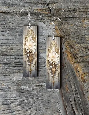 Rococo Beauty Floral Dangle Wood Bar Printed Earrings Jewelry • $14.98