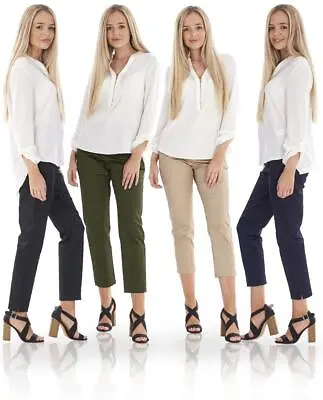 Ladies 7/8 Crop Trousers Stretch Womens Cotton Cropped Tapered Slim Fit Trousers • £8.99