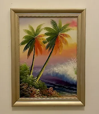 Small Oil Painting - Palm Trees Beach Ocean Waves 37cm X 49cm • $135