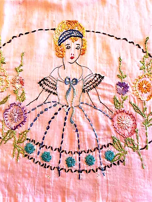 Vintage Art Deco Flapper Girl In Garden Embroidered Pillow Cover Pink Cotton • $12.49