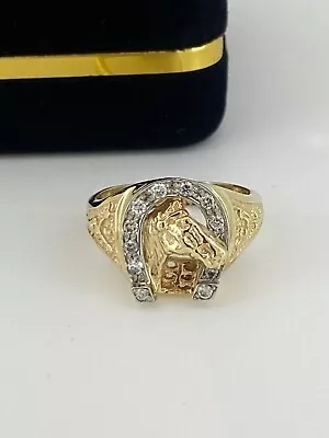 14K Yellow Gold & 0.32ct Diamond HorseShoe & Horse Signet Mens' / Unisex Ring • $611.42