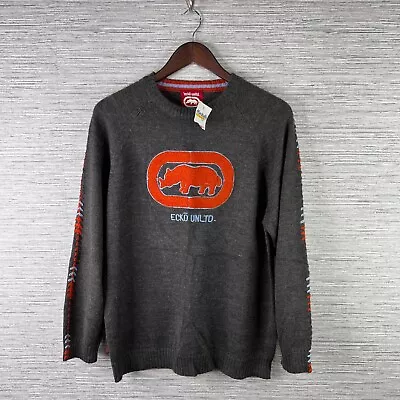 VINTAGE Ecko Unltd Sweater Mens Large Gray Crewneck Wool Blend Logo Y2K Rhino • $38.88