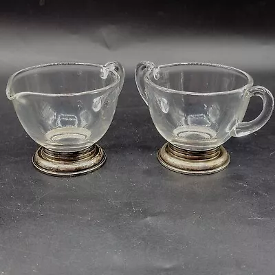 Vintage Sugar Bowl And Creamer Set Clear Footed Silvertone Base MCM All Seasons  • $15.99