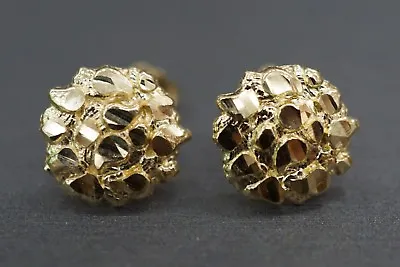 Real 10K Solid Yellow Gold 10MM Diamond Cut Round Nugget Stud Earrings. • $60