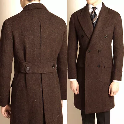 Dark Brown Solid Long Coat Double-breasted With Back Belt Men Formal Overcoat • $98.99