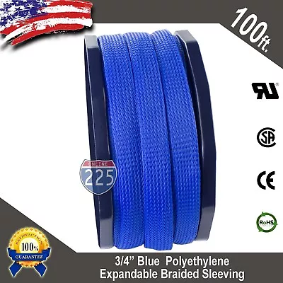 100 FT 3/4  Blue Expandable Wire Cable Sleeving Sheathing Braided Loom Tubing US • $24