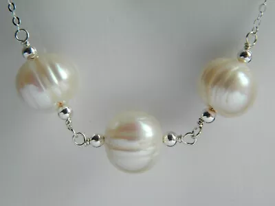 Large Ivory White Baroque Freshwater Pearls & Sterling Silver Handmade Necklace • £14.99