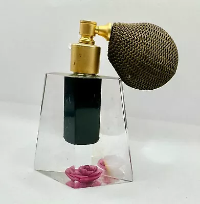 Vintage Evans Clear Lucite Atomizer Perfume Bottle & Reverse Carved Pink Rose • $5