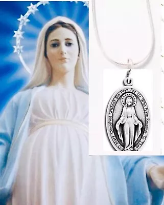 Mother Mary Necklace Pendant Medal Chain Is 18 Inches Sterling Plated 1.5 Inch • $7