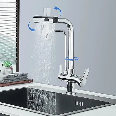 Pull Out Kitchen Faucet 360° Spout 3 Way Water Filter Kitchen Mixer Purifier Tap • £59