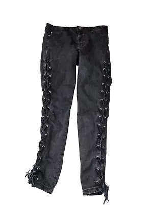 Womens Miss Selfridge Size Uk 12 Black Lace Up Sides Skinny Denim Jeans Trouser • £11.99