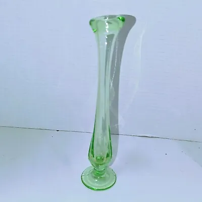 Art Deco Stretched Swung Bud Vase Vaseline Glass Green Art Deco 9 Inch • $29.99