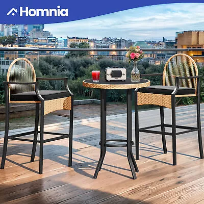 3 Piece Patio Table Set Wicker Bar Height Bistro Glass Tabletop W/ Soft Cushions • $169