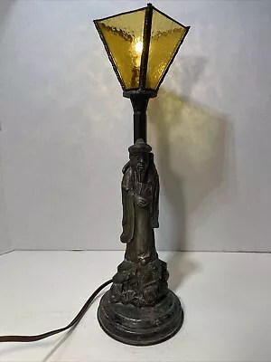 Antique Vntg  Figural Lamp Asian Man Spelter Statue Amber Stained Glass Lamp • $76