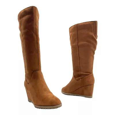 JOURNEE COLLECTION Womens 6 Micro Suede Knee High Wedge Boots NWOB TAN • $62.99