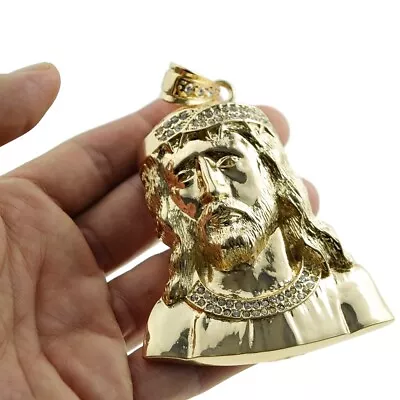 Men's 14K Gold Plated Huge Jesus Piece Bust Head Hip Hop Pendant CZ Heavy Charm • $24.95