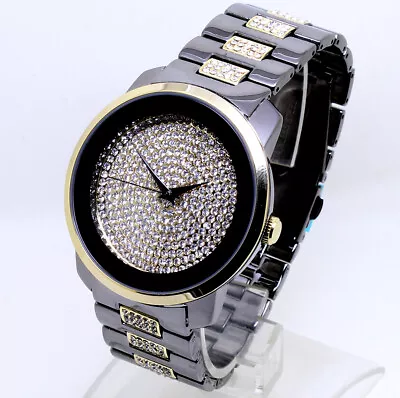 003T Mens Celibrity Wrist Watch Gun Black Gold Diamante Crystal Band Bling Dial • £26.99