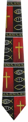 $11.95 • Buy Black Red Gold Religious Necktie Crosses Jesus Fish Symbol Of Christianity